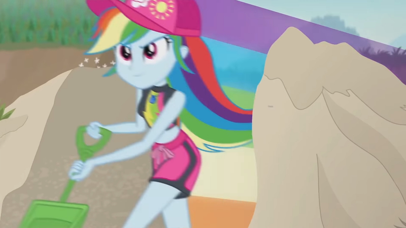 Size: 3410x1920 | Tagged: safe, derpibooru import, screencap, rainbow dash, aww... baby turtles, equestria girls, equestria girls series, beach, cap, female, geode of super speed, hat, high res, image, jewelry, jpeg, magical geodes, necklace, rainbow trail, smiling, solo