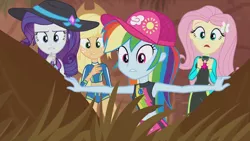 Size: 3410x1920 | Tagged: safe, derpibooru import, screencap, applejack, fluttershy, rainbow dash, rarity, aww... baby turtles, equestria girls, equestria girls series, applejack's hat, beach, belly button, cap, cowboy hat, female, geode of fauna, geode of shielding, geode of super speed, hairpin, hat, high res, image, jewelry, jpeg, magical geodes, necklace, open mouth