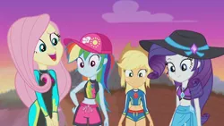 Size: 3410x1920 | Tagged: safe, derpibooru import, screencap, applejack, fluttershy, rainbow dash, rarity, aww... baby turtles, equestria girls, equestria girls series, applejack's hat, beach, belly button, cap, cowboy hat, female, geode of shielding, geode of super speed, geode of super strength, hat, high res, image, jewelry, jpeg, magical geodes, necklace, open mouth, smiling