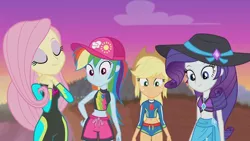 Size: 3410x1920 | Tagged: safe, derpibooru import, screencap, applejack, fluttershy, rainbow dash, rarity, aww... baby turtles, equestria girls, equestria girls series, applejack's hat, beach, belly button, cap, cowboy hat, eyes closed, female, geode of shielding, geode of super speed, geode of super strength, hat, high res, image, jewelry, jpeg, magical geodes, necklace, smiling