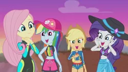 Size: 3410x1920 | Tagged: safe, derpibooru import, screencap, applejack, fluttershy, rainbow dash, rarity, aww... baby turtles, equestria girls, equestria girls series, applejack's hat, beach, belly button, cap, cowboy hat, female, geode of fauna, geode of shielding, geode of super speed, geode of super strength, hat, high res, image, jewelry, jpeg, magical geodes, necklace, open mouth, smiling, wetsuit