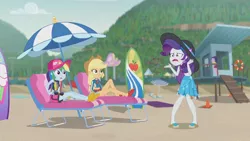 Size: 3410x1920 | Tagged: safe, derpibooru import, screencap, applejack, rainbow dash, rarity, equestria girls, equestria girls series, lost and found, applejack's hat, beach, cowboy hat, female, geode of super speed, geode of super strength, hat, high res, image, jewelry, jpeg, lounge chair, magical geodes, necklace, open mouth, rarity being rarity, sandals, surfboard