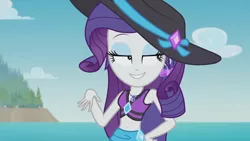 Size: 3410x1920 | Tagged: safe, derpibooru import, screencap, rarity, equestria girls, equestria girls series, lost and found, beach, belly button, female, geode of shielding, high res, image, jewelry, jpeg, magical geodes, necklace, smiling, solo