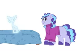 Size: 1280x854 | Tagged: safe, artist:itstechtock, derpibooru import, oc, oc:boo berry, cat, pony, clothes, female, filly, glasses, image, jpeg, magic, offspring, parent:fleetfoot, parent:sightseer, simple background, sweater, table, white background