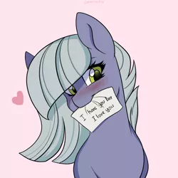 Size: 2200x2200 | Tagged: safe, artist:chickenbrony, derpibooru import, limestone pie, earth pony, pony, blushing, cute, female, heart, image, limabetes, limetsun pie, looking at you, mare, mouth hold, note, png, smiling, smiling at you, solo, tsundere