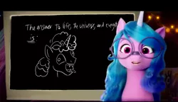 Size: 1280x736 | Tagged: safe, derpibooru import, editor:horsesplease, izzy moonbow, party favor, chalkboard, derp, doggie favor, exploitable meme, fangs, g5, hitchhiker's guide to the galaxy, i didn't listen, image, image macro, izzy's presentation, meme, panting, png, stupid, vulgar description