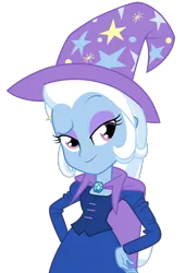 Size: 1690x2468 | Tagged: safe, artist:rivalcat, derpibooru import, edit, vector edit, trixie, equestria girls, beautiful, cape, clothes, cute, diatrixes, eyeshadow, female, hands on waist, hat, image, makeup, png, purple eyeshadow, simple background, smiling, solo, transparent background, trixie's cape, trixie's hat, vector