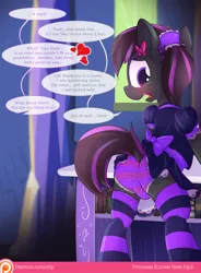 Size: 992x1346 | Tagged: suggestive, artist:sip, derpibooru import, oc, oc:arcshine, pony, blushing, bow, butt, clothes, crossdressing, dialogue, dock, dress, image, implied twilight sparkle, looking back, maid, maid headdress, male, offscreen character, open mouth, panties, plot, png, skirt, socks, solo, solo male, speech bubble, striped socks, tail, underwear, upskirt