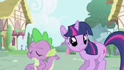 Size: 1920x1080 | Tagged: safe, derpibooru import, screencap, spike, twilight sparkle, dragon, pony, unicorn, friendship is magic, season 1, cute, day, double, duo, eyes closed, female, image, male, mare, outdoors, png, ponyville, smiling, twiabetes, unicorn twilight