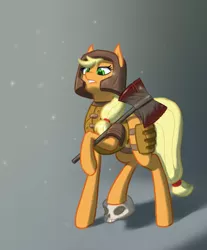 Size: 1200x1450 | Tagged: safe, artist:rosik, derpibooru import, applejack, earth pony, pony, armor, axe, blood, crossover, fantasy class, image, png, quake, ranger, skull, solo, warrior, weapon