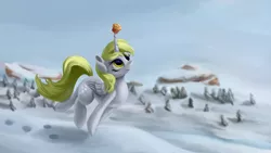 Size: 4000x2250 | Tagged: safe, artist:flusanix, derpibooru import, derpy hooves, alicorn, pony, alicornified, balancing, derpicorn, female, food, high res, image, mare, muffin, png, princess derpy, race swap, snow, solo, that pony sure does love muffins