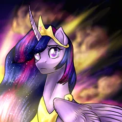 Size: 2000x2000 | Tagged: safe, artist:not-ordinary-pony, derpibooru import, princess twilight 2.0, twilight sparkle, twilight sparkle (alicorn), alicorn, pony, the last problem, crown, derpibooru exclusive, ethereal mane, female, image, jewelry, mare, older, older twilight, peytral, png, regalia, sad, solo, solo female, starry mane, sunset