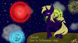 Size: 1440x801 | Tagged: safe, artist:skypaw122, derpibooru import, oc, unofficial characters only, alicorn, pony, alicorn oc, fireworks, horn, image, night, outdoors, png, raised hoof, signature, smiling, solo, stars, wings