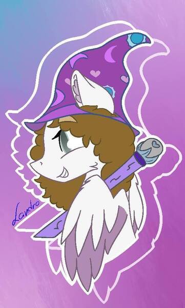 Size: 577x960 | Tagged: safe, artist:millefaller, derpibooru import, oc, unofficial characters only, pegasus, pony, abstract background, bust, colored wings, grin, hat, image, jpeg, pegasus oc, scepter, signature, smiling, solo, two toned wings, wings, wizard hat