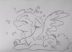 Size: 960x690 | Tagged: safe, artist:millefaller, derpibooru import, oc, pegasus, pony, female, image, ipod, jpeg, lineart, lying down, mare, pegasus oc, prone, signature, smiling, solo, traditional art, wings