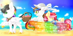 Size: 4251x2125 | Tagged: safe, artist:schokocream, derpibooru import, oc, oc:lightning bliss, unofficial characters only, alicorn, pony, alicorn oc, basket, cloud, female, goggles, hat, horn, image, leonine tail, mare, outdoors, png, raised hoof, sun hat, tail, wings