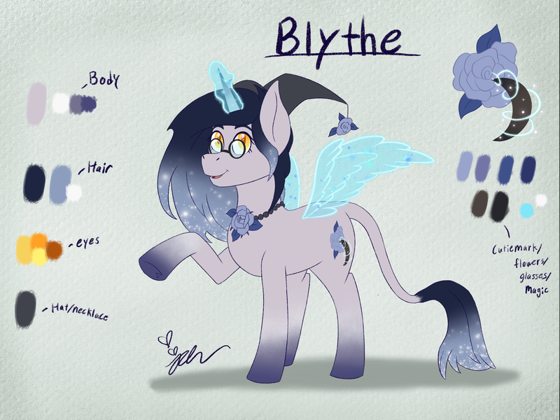 Size: 2732x2048 | Tagged: safe, artist:diamond06mlp, derpibooru import, oc, unofficial characters only, unicorn, artificial wings, augmented, ethereal mane, glasses, glow, glowing horn, horn, image, magic, magic wings, png, raised hoof, reference sheet, signature, solo, starry mane, unicorn oc, wings