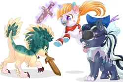 Size: 3401x2267 | Tagged: safe, artist:schokocream, derpibooru import, oc, unofficial characters only, dracony, dragon, earth pony, hybrid, pony, unicorn, earth pony oc, eyepatch, female, fight, hat, horn, image, mare, mouth hold, png, simple background, sword, unicorn oc, weapon, white background