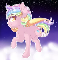 Size: 2438x2514 | Tagged: safe, artist:schokocream, derpibooru import, oc, oc:paper stars, unofficial characters only, bat pony, pony, amputee, bat pony oc, bat wings, ethereal mane, female, flying, image, mare, multicolored hair, outdoors, png, rainbow hair, solo, starry mane, wings