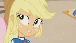 Size: 3410x1920 | Tagged: safe, derpibooru import, screencap, applejack, equestria girls, equestria girls series, lost and found, applejack's hat, beach, cowboy hat, female, geode of super strength, hat, high res, image, jewelry, jpeg, lip bite, lounge chair, magical geodes, necklace, solo
