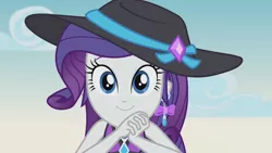 Size: 3410x1920 | Tagged: safe, derpibooru import, screencap, rarity, equestria girls, equestria girls series, lost and found, belly button, clothes, cute, female, geode of shielding, hat, high res, image, jewelry, jpeg, magical geodes, necklace, raribetes, smiling, solo, sun hat, swimsuit