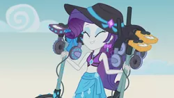 Size: 3410x1920 | Tagged: safe, derpibooru import, screencap, rarity, equestria girls, equestria girls series, lost and found, belly button, clothes, cute, eyes closed, female, geode of shielding, high res, image, jewelry, jpeg, magical geodes, metal detector, necklace, raribetes, smiling, solo, swimsuit