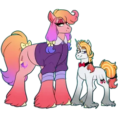 Size: 3000x3000 | Tagged: safe, artist:gingygin, derpibooru import, oc, oc:rose gold, oc:snippet, earth pony, pony, unicorn, body freckles, bow, bowtie, brother and sister, clothes, female, fraternal twins, freckles, gradient mane, height difference, hoof fluff, image, lidded eyes, long feather, male, offspring, parent:big macintosh, parent:rarity, parents:rarimac, png, shirt, siblings, simple background, smiling, tail, tail bow, transparent background, unshorn fetlocks