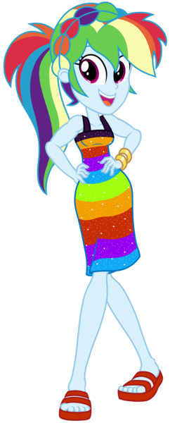 Size: 1450x3600 | Tagged: safe, artist:roseluck, derpibooru import, rainbow dash, equestria girls, equestria girls series, i'm on a yacht, spring breakdown, spoiler:eqg series (season 2), alternate hairstyle, bare shoulders, bracelet, braid, breasts, clothes, collarbone, cruise outfit, dress, equestria girls style, female, full body, hand on hip, happy, high res, image, inkscape, jewelry, looking at you, open mouth, open smile, png, ponytail, redraw, sandals, sequins, show accurate, sideboob, simple background, sleeveless, sleeveless dress, smiling, smiling at you, solo, thigh gap, transparent background, vector, walking, walking towards you