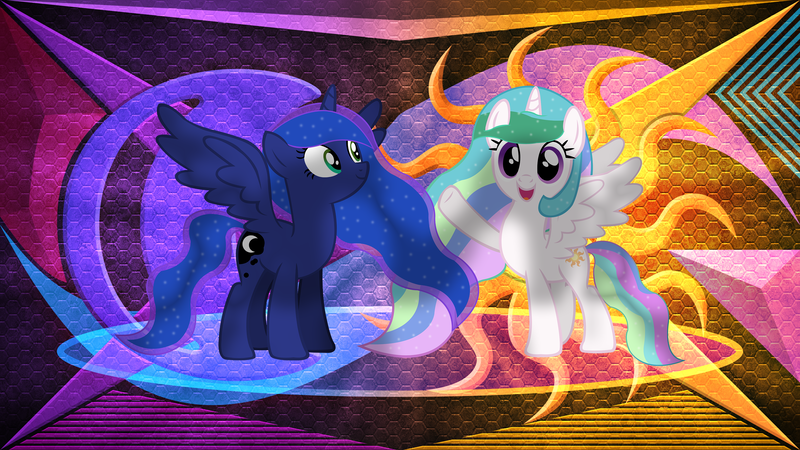 Size: 3840x2160 | Tagged: safe, artist:laszlvfx, derpibooru import, edit, princess celestia, princess luna, alicorn, pony, absurd resolution, duo, duo female, female, image, open mouth, png, raised hoof, vector, wallpaper, wallpaper edit, waving