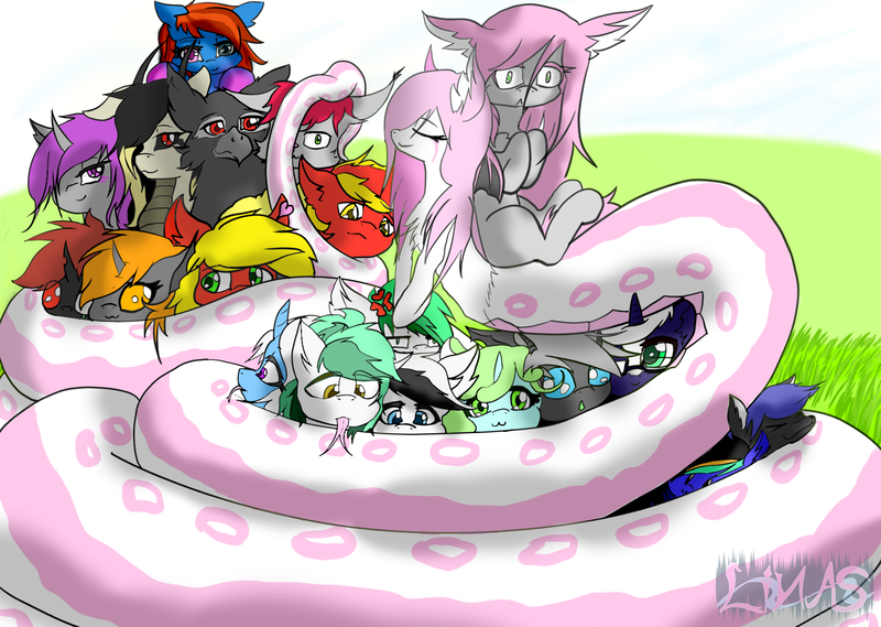 Size: 1920x1366 | Tagged: safe, artist:linasnake, derpibooru import, oc, oc:dreamer skies, unofficial characters only, bat pony, changeling, gryphon, lamia, original species, pegasus, pony, unicorn, coils, collaboration, derpibooru exclusive, female, image, male, mare, png, stallion