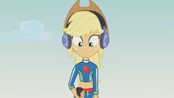 Size: 3410x1920 | Tagged: safe, derpibooru import, screencap, applejack, equestria girls, equestria girls series, lost and found, applejack's hat, cowboy hat, female, geode of super strength, hat, headphones, high res, image, jewelry, jpeg, magical geodes, midriff, necklace, solo