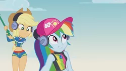 Size: 3410x1920 | Tagged: safe, derpibooru import, screencap, applejack, rainbow dash, equestria girls, equestria girls series, lost and found, applejack's hat, belly button, cap, cowboy hat, female, geode of super speed, geode of super strength, hat, headphones, high res, image, jewelry, jpeg, magical geodes, midriff, necklace, smiling
