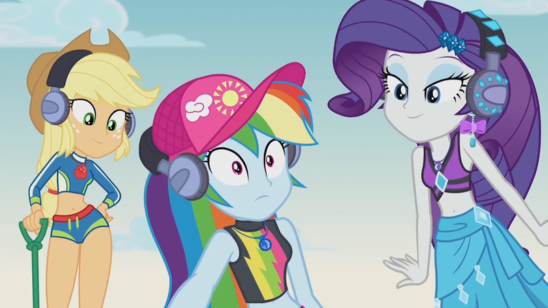Size: 3410x1920 | Tagged: safe, derpibooru import, screencap, applejack, rainbow dash, rarity, equestria girls, equestria girls series, lost and found, applejack's hat, belly button, cowboy hat, female, geode of shielding, geode of super speed, geode of super strength, hat, headphones, high res, image, jewelry, jpeg, magical geodes, midriff, necklace, smiling