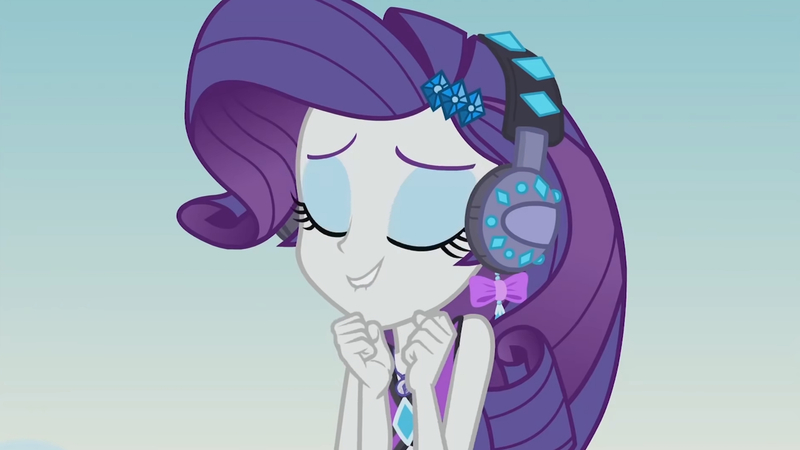 Size: 3410x1920 | Tagged: safe, derpibooru import, screencap, rarity, equestria girls, equestria girls series, lost and found, eyes closed, female, geode of shielding, hairpin, headphones, high res, image, jewelry, jpeg, lip bite, magical geodes, necklace, solo