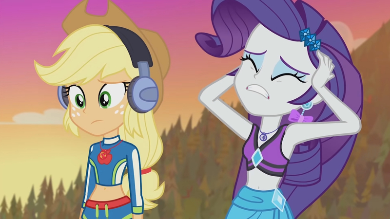 Size: 3410x1920 | Tagged: safe, derpibooru import, screencap, applejack, rarity, equestria girls, equestria girls series, lost and found, applejack's hat, armpits, belly button, cowboy hat, eyes closed, female, geode of shielding, geode of super strength, hairpin, hat, headphones, high res, image, jewelry, jpeg, magical geodes, midriff, necklace, nothing
