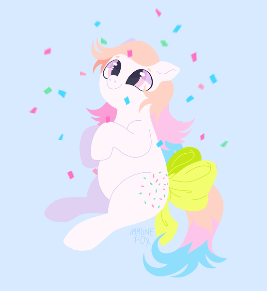 Size: 1749x1906 | Tagged: safe, artist:immunefox, derpibooru import, earth pony, pony, bow, confetti, cross-eyed, cute, digital art, fanart, g1, image, looking up, multicolored hair, party, pastel, pink eyes, pixel art, png, procreate app, sitting, solo
