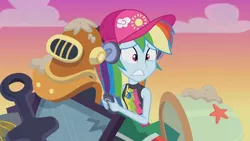 Size: 3410x1920 | Tagged: safe, derpibooru import, screencap, rainbow dash, equestria girls, equestria girls series, lost and found, cap, clothes, female, geode of super speed, hat, headphones, high res, image, jewelry, jpeg, magical geodes, necklace, solo, swimsuit