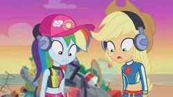 Size: 3410x1920 | Tagged: safe, derpibooru import, screencap, applejack, rainbow dash, equestria girls, equestria girls series, lost and found, applejack's hat, beach, belly button, cap, clothes, cowboy hat, female, geode of super speed, geode of super strength, hat, headphones, high res, image, jewelry, jpeg, magical geodes, necklace, open mouth, swimsuit