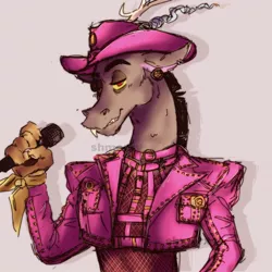 Size: 1080x1080 | Tagged: safe, artist:shmorxy, derpibooru import, discord, clothes, cowboy, cowboy hat, ear piercing, earring, fangs, fishnets, hat, horns, image, jacket, jewelry, jpeg, lil nas x, microphone, piercing, pocket, stars, straps, watermark