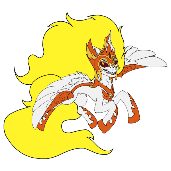 Size: 1500x1500 | Tagged: safe, artist:sorajona, derpibooru import, daybreaker, alicorn, pony, armor, colored, evil, evil grin, fire, flat colors, floating, flying, fullbody, grin, image, png, simple background, smiling, solo, teeth, transparent background