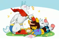 Size: 3000x2000 | Tagged: safe, artist:potetecyu_to, derpibooru import, ponified, earth pony, pegasus, pony, bone, clothes, eyes closed, fake horn, flower, flowey, frisk, gloves, image, jpeg, lying down, mouth hold, open mouth, papyrus (undertale), sans (undertale), shoes, sitting, skeleton, slippers, undertale, video game