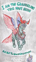 Size: 1884x3182 | Tagged: safe, artist:grimmyweirdy, derpibooru import, pharynx, princess flurry heart, changedling, changeling, to change a changeling, chain necklace, clothes, image, jacket, jpeg, leather jacket, movie reference, mowhawk, prince pharynx, princess emo heart, snarling