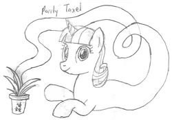 Size: 1132x794 | Tagged: safe, artist:parclytaxel, derpibooru import, twilight velvet, genie, genie pony, pony, unicorn, series:nightliner, female, image, lineart, looking at you, lying down, mare, monochrome, pencil drawing, png, pointing, potted plant, prone, smiling, solo, traditional art