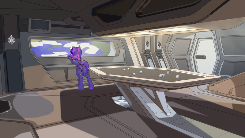 Size: 3840x2160 | Tagged: safe, anonymous editor, artist:happy harvey, edit, unauthorized edit, twilight sparkle, pony, unicorn, anvil aerospace, bodysuit, carrack, clothes, crossover, drawn on phone, image, looking out the window, png, pool table, rsi, space, spaceship, spacesuit, star citizen, unicorn twilight, wingless, wingless edit