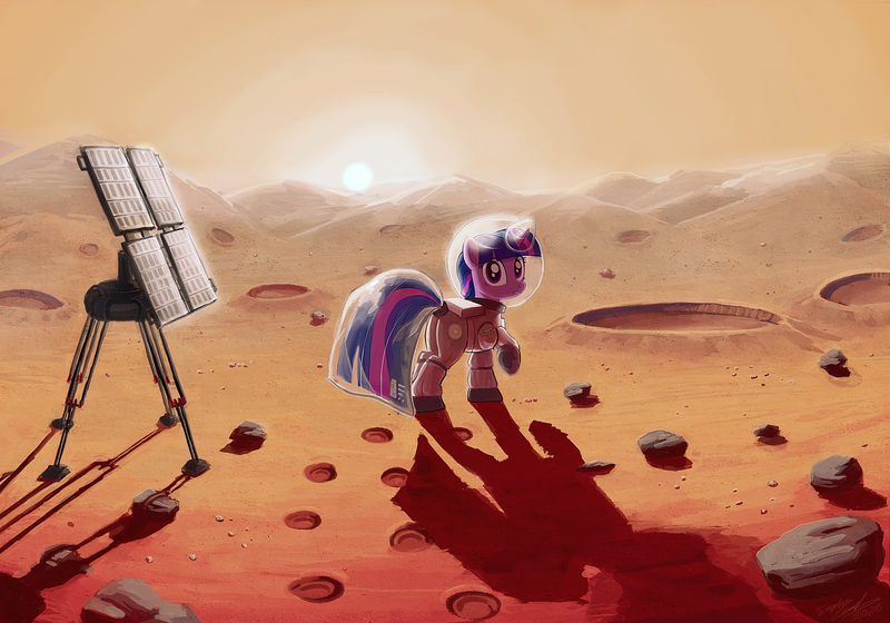 Size: 2928x2048 | Tagged: safe, anonymous editor, artist:sewyouplushiethings, edit, unauthorized edit, twilight sparkle, unicorn, astronaut, crater, hoofprints, image, mars, png, raised hoof, rock, scenery, shadow, solar panel, solo, spacesuit, sun, tail helmet, unicorn twilight, watermark removal