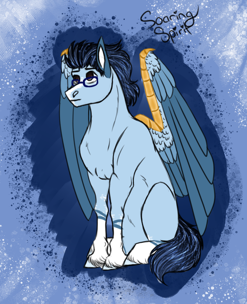 Size: 756x931 | Tagged: safe, artist:inisealga, derpibooru import, oc, oc:soaring spirit, unofficial characters only, pegasus, pony, abstract background, coat markings, facial markings, folded wings, glasses, image, male, markings, pegasus oc, png, sitting, socks (coat marking), solo, stallion, wing brace, wings