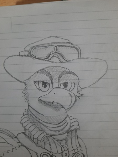 Size: 3000x4000 | Tagged: safe, artist:bartmagus, artist:mustaphatr, derpibooru import, oc, oc:virgil, unofficial characters only, gryphon, equestria at war mod, clothes, goggles, hat, image, jpeg, lined paper, solo, traditional art