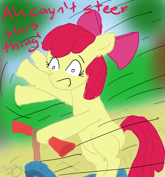 Size: 864x925 | Tagged: safe, artist:theantifamouskuro, derpibooru import, apple bloom, earth pony, pony, bipedal, female, filly, image, open mouth, png, scooter, solo, text