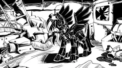Size: 4256x2364 | Tagged: safe, artist:lexx2dot0, derpibooru import, oc, oc:blackjack, unofficial characters only, alicorn, pony, fallout equestria, fallout equestria: project horizons, black and white, fanfic art, glow, glowing horn, grayscale, high res, horn, image, monochrome, png, small horn