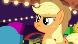 Size: 1920x1080 | Tagged: safe, derpibooru import, screencap, applejack, earth pony, pony, season 6, viva las pegasus, angry, applejack's hat, cowboy hat, disapproval, female, freckles, green eyes, hat, image, mare, nose wrinkle, png, snorting, solo, stetson